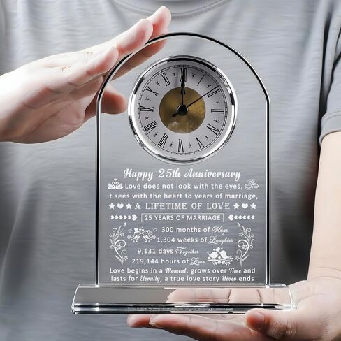 25th Wedding Anniversary Glass Quartz Clock Gifts for Women Men, 25 Year Anniversary Romantic Gift for Him Her, Silver Anniversary Clock Gifts for Couple, 25 Years of Marriage Gifts in Kuwait