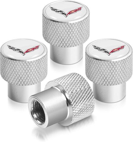 for Chevrolet Corvette C7 Logo Black on Shining Silver Easy-Grip Aluminum Tire Valve Stem Caps - Official Licensed in Saudi Arabia