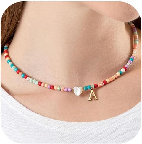 FRG Colorful Beaded Initial Necklace with Heart Charm, Letter Pendant Necklace for womens/Girls, Multi-Color in Saudi Arabia