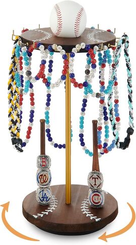 Pinzoveco Baseball Drip Necklace Organizer Holder,Rotating Baseball Display Stand with 16 Hooks, Championship Ring Display Holder, 360° Drip Necklace Championship Ring Holder Baseball Gifts,Brown in Saudi Arabia