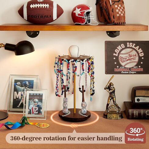 Pinzoveco Baseball Drip Necklace Organizer Holder,Rotating Baseball Display Stand with 16 Hooks, Championship Ring Display Holder, 360° Drip Necklace Championship Ring Holder Baseball Gifts,Brown in Saudi Arabia