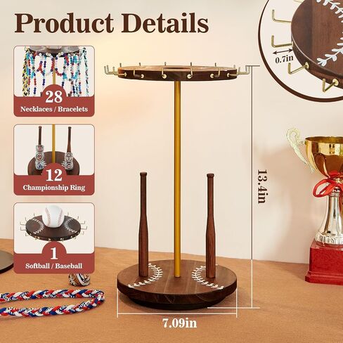 Pinzoveco Baseball Drip Necklace Organizer Holder,Rotating Baseball Display Stand with 16 Hooks, Championship Ring Display Holder, 360° Drip Necklace Championship Ring Holder Baseball Gifts,Brown in Saudi Arabia