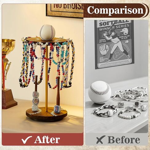 Pinzoveco Baseball Drip Necklace Organizer Holder,Rotating Baseball Display Stand with 16 Hooks, Championship Ring Display Holder, 360° Drip Necklace Championship Ring Holder Baseball Gifts,Brown in Saudi Arabia