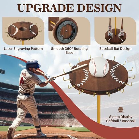 Pinzoveco Baseball Drip Necklace Organizer Holder,Rotating Baseball Display Stand with 16 Hooks, Championship Ring Display Holder, 360° Drip Necklace Championship Ring Holder Baseball Gifts,Brown in Saudi Arabia