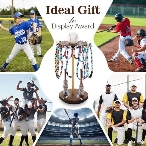 Pinzoveco Baseball Drip Necklace Organizer Holder,Rotating Baseball Display Stand with 16 Hooks, Championship Ring Display Holder, 360° Drip Necklace Championship Ring Holder Baseball Gifts,Brown in Saudi Arabia