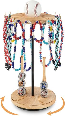 Pinzoveco Baseball Drip Necklace Organizer Holder,Rotating Baseball Display Stand with 16 Hooks, Championship Ring Display Holder, 360° Drip Necklace Championship Ring Holder Baseball Gifts,Brown in Saudi Arabia