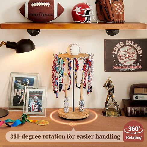 Pinzoveco Baseball Drip Necklace Organizer Holder,Rotating Baseball Display Stand with 16 Hooks, Championship Ring Display Holder, 360° Drip Necklace Championship Ring Holder Baseball Gifts,Brown in Saudi Arabia