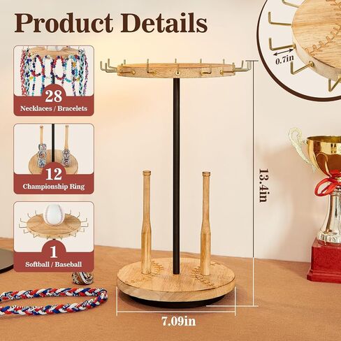 Pinzoveco Baseball Drip Necklace Organizer Holder,Rotating Baseball Display Stand with 16 Hooks, Championship Ring Display Holder, 360° Drip Necklace Championship Ring Holder Baseball Gifts,Brown in Saudi Arabia