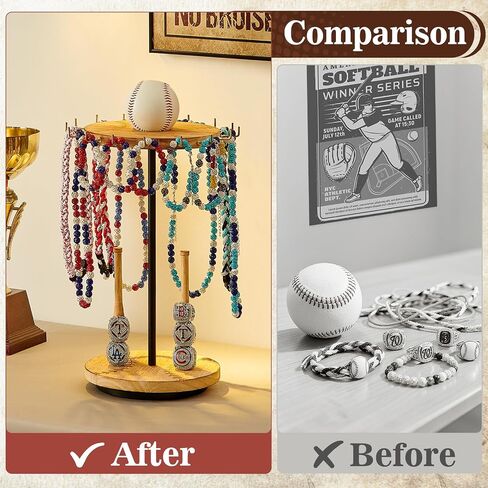 Pinzoveco Baseball Drip Necklace Organizer Holder,Rotating Baseball Display Stand with 16 Hooks, Championship Ring Display Holder, 360° Drip Necklace Championship Ring Holder Baseball Gifts,Brown in Saudi Arabia