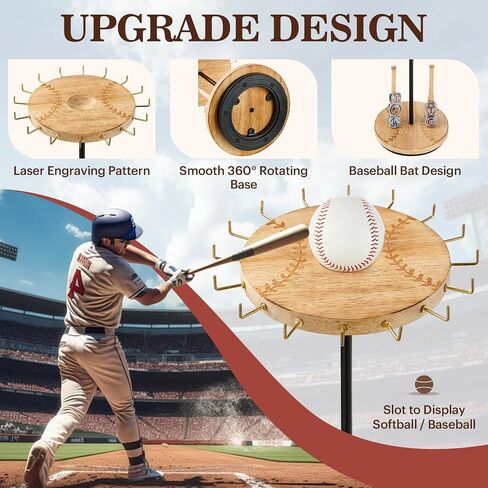 Pinzoveco Baseball Drip Necklace Organizer Holder,Rotating Baseball Display Stand with 16 Hooks, Championship Ring Display Holder, 360° Drip Necklace Championship Ring Holder Baseball Gifts,Brown in Saudi Arabia