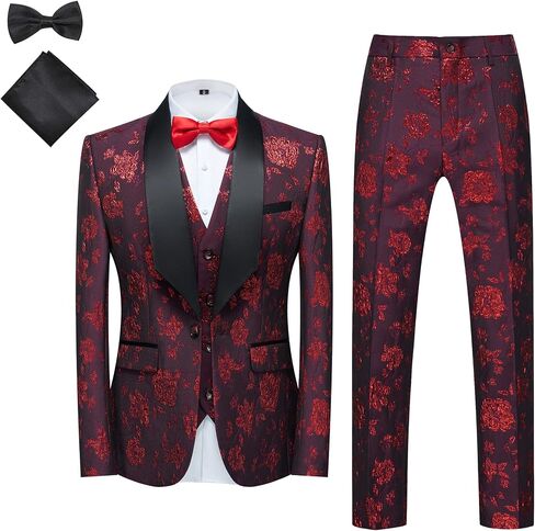 MOGU Mens 3 Piece Floral Print Dress Suit Slim Fit Jacquard Tuxedo Wedding Party Dinner in Saudi Arabia