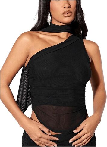 GORGLITTER المرأة الرسن الخروج تانك الأعلى مع وشاح كتف واحد Ruched غير المتكافئة المحاصيل قمم in Kuwait