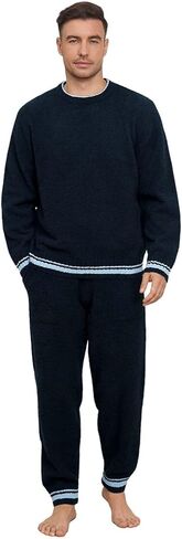 Mens Winter Pajamas Set Soft Warm Round Collar Long Sleeve Sleepwear Comfy Loungewear Pjs with Pockets in Kuwait