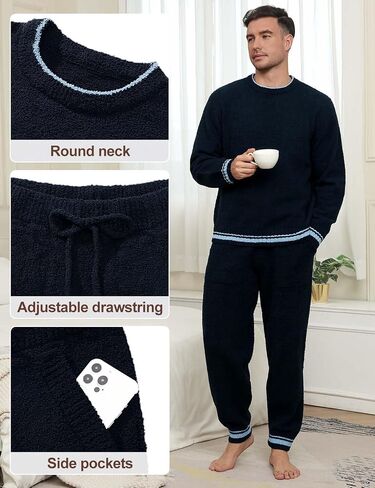 Mens Winter Pajamas Set Soft Warm Round Collar Long Sleeve Sleepwear Comfy Loungewear Pjs with Pockets in Kuwait