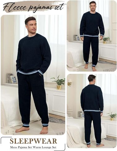 Mens Winter Pajamas Set Soft Warm Round Collar Long Sleeve Sleepwear Comfy Loungewear Pjs with Pockets in Kuwait