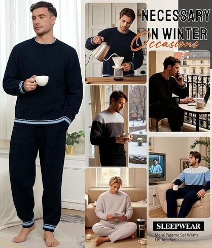 Mens Winter Pajamas Set Soft Warm Round Collar Long Sleeve Sleepwear Comfy Loungewear Pjs with Pockets in Kuwait