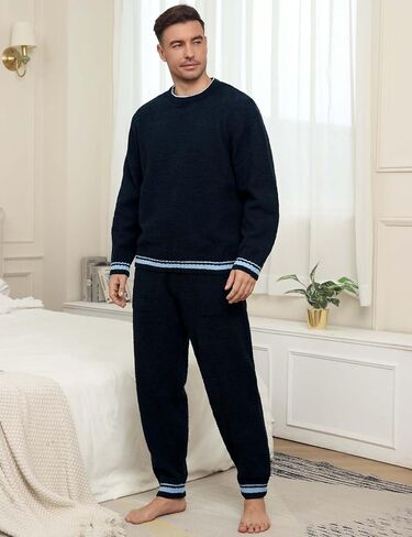 Mens Winter Pajamas Set Soft Warm Round Collar Long Sleeve Sleepwear Comfy Loungewear Pjs with Pockets in Kuwait