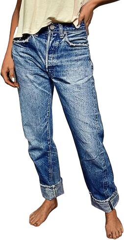 Flamingals Women's Straight Leg Mid Waist Casual Ripped Cropped Jeans for Women Destroyed Roll Hem Denim Jeans in Saudi Arabia