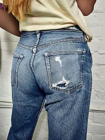 Flamingals Women's Straight Leg Mid Waist Casual Ripped Cropped Jeans for Women Destroyed Roll Hem Denim Jeans in Saudi Arabia
