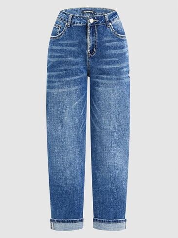 Flamingals Women's Straight Leg Mid Waist Casual Ripped Cropped Jeans for Women Destroyed Roll Hem Denim Jeans in Saudi Arabia