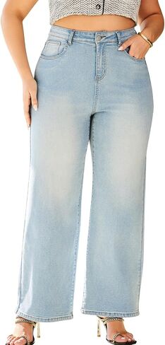 High Waisted Wide Leg Jeans for Women Plus Size Baggy Jeans Stretchy Straight Leg Denim Pants High Rise in Saudi Arabia
