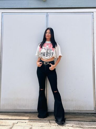 بنطلون جينز فرح ممزق من Willow Boutique للنساء - بنطال جينز عصري وكاجوال بخصر عالٍ للنساء - أسود in Kuwait