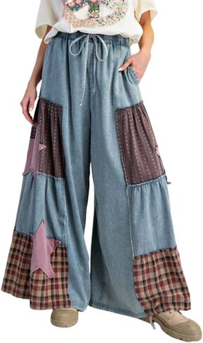 utcoco Women's Y2k Trendy Patchwork Wide Leg Jeans Drawstring High Waisted Denim Pants Casual Baggy Flare Jeans in Saudi Arabia