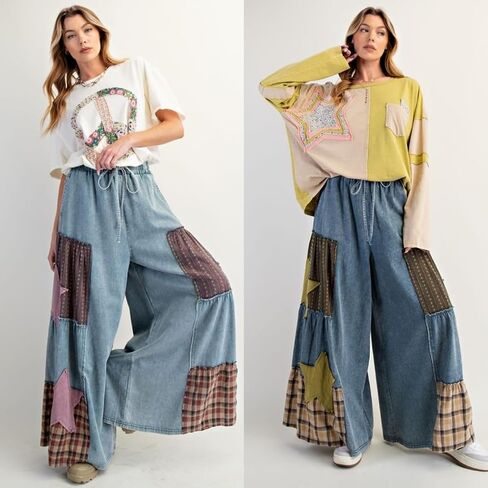 utcoco Women's Y2k Trendy Patchwork Wide Leg Jeans Drawstring High Waisted Denim Pants Casual Baggy Flare Jeans in Saudi Arabia