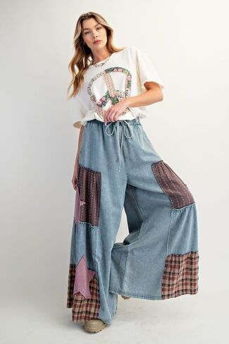 utcoco Women's Y2k Trendy Patchwork Wide Leg Jeans Drawstring High Waisted Denim Pants Casual Baggy Flare Jeans in Saudi Arabia