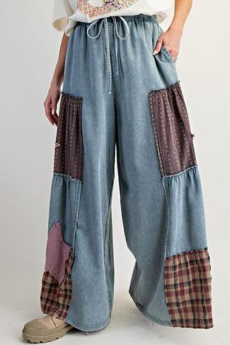 utcoco Women's Y2k Trendy Patchwork Wide Leg Jeans Drawstring High Waisted Denim Pants Casual Baggy Flare Jeans in Saudi Arabia