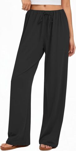 Women Pleated Elastic Waisted Pajama and Casual Pants Soft Loose Low Waist Flowy Wide Leg Fake Drawstring Trousers in Saudi Arabia