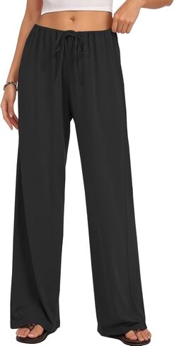 Women Pleated Elastic Waisted Pajama and Casual Pants Soft Loose Low Waist Flowy Wide Leg Fake Drawstring Trousers in Saudi Arabia