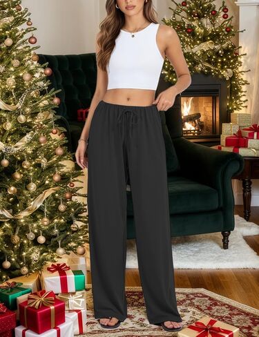 Women Pleated Elastic Waisted Pajama and Casual Pants Soft Loose Low Waist Flowy Wide Leg Fake Drawstring Trousers in Saudi Arabia