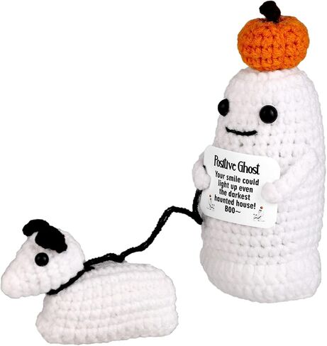 Positive Ghost Walking Dog Crochet Knit Decor - Halloween Ghost with Pumpkin Potato Head - Knitted Wool Doll for Party Decoration Favor in Saudi Arabia