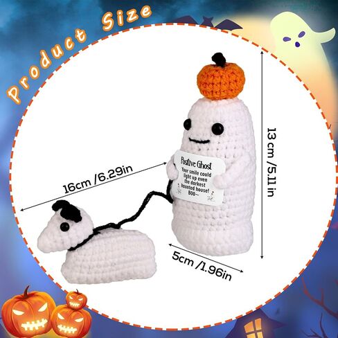 Positive Ghost Walking Dog Crochet Knit Decor - Halloween Ghost with Pumpkin Potato Head - Knitted Wool Doll for Party Decoration Favor in Saudi Arabia