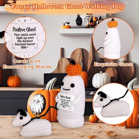 Positive Ghost Walking Dog Crochet Knit Decor - Halloween Ghost with Pumpkin Potato Head - Knitted Wool Doll for Party Decoration Favor in Saudi Arabia