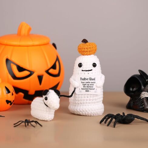 Positive Ghost Walking Dog Crochet Knit Decor - Halloween Ghost with Pumpkin Potato Head - Knitted Wool Doll for Party Decoration Favor in Saudi Arabia