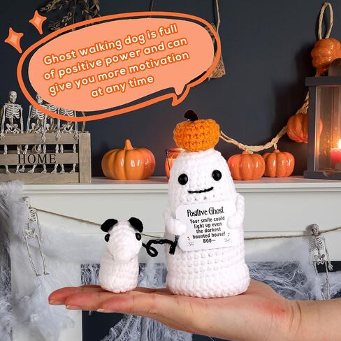 Positive Ghost Walking Dog Crochet Knit Decor - Halloween Ghost with Pumpkin Potato Head - Knitted Wool Doll for Party Decoration Favor in Saudi Arabia