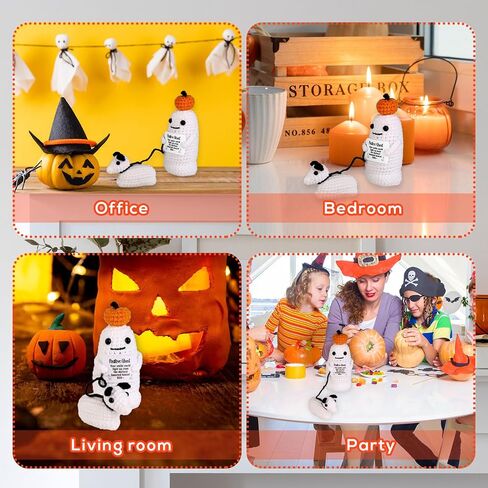 Positive Ghost Walking Dog Crochet Knit Decor - Halloween Ghost with Pumpkin Potato Head - Knitted Wool Doll for Party Decoration Favor in Saudi Arabia