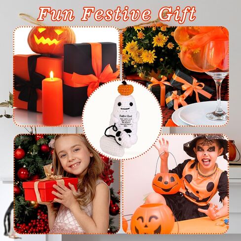 Positive Ghost Walking Dog Crochet Knit Decor - Halloween Ghost with Pumpkin Potato Head - Knitted Wool Doll for Party Decoration Favor in Saudi Arabia