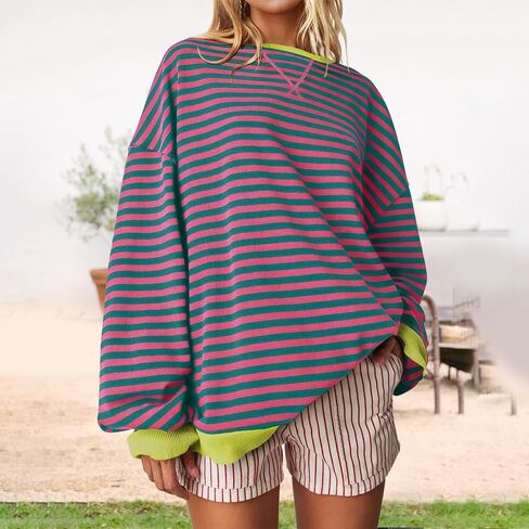 Women's Oversized Striped Sweatshirt - Long Sleeve Color Block Pullover in Saudi Arabia