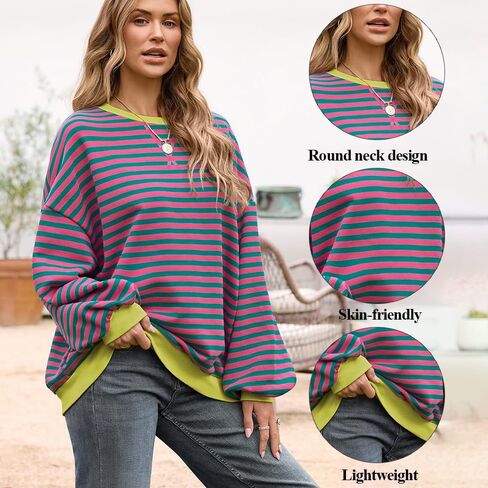 Women's Oversized Striped Sweatshirt - Long Sleeve Color Block Pullover in Saudi Arabia