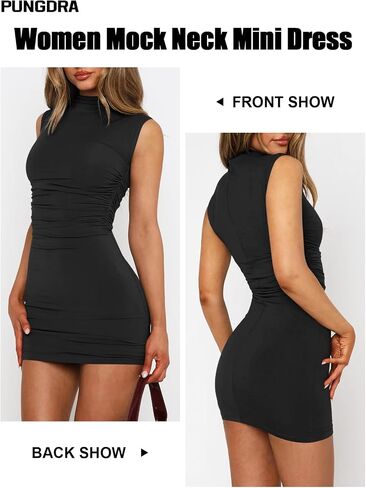 Women's Sexy Mock Neck Dress for Women Sleeveless Ruched Bodycon Dresses Turtle Neck Cocktail Party Mini Dress in Saudi Arabia