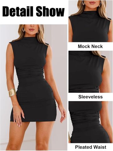 Women's Sexy Mock Neck Dress for Women Sleeveless Ruched Bodycon Dresses Turtle Neck Cocktail Party Mini Dress in Saudi Arabia