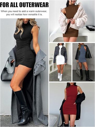 Women's Sexy Mock Neck Dress for Women Sleeveless Ruched Bodycon Dresses Turtle Neck Cocktail Party Mini Dress in Kuwait