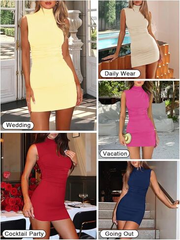Women's Sexy Mock Neck Dress for Women Sleeveless Ruched Bodycon Dresses Turtle Neck Cocktail Party Mini Dress in Kuwait