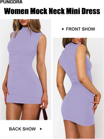 Women's Sexy Mock Neck Dress for Women Sleeveless Ruched Bodycon Dresses Turtle Neck Cocktail Party Mini Dress in Kuwait