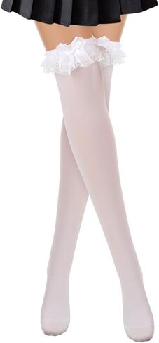 Xindojuz 1 Pair White Knee High Socks, Women's Girls Bow Lace Ruffled Thigh High Stockings, Lovely Cute Cotton Girls Princess Frilly Socks over the Knee Tube Dress Long Stockings in Saudi Arabia