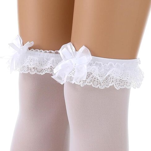 Xindojuz 1 Pair White Knee High Socks, Women's Girls Bow Lace Ruffled Thigh High Stockings, Lovely Cute Cotton Girls Princess Frilly Socks over the Knee Tube Dress Long Stockings in Saudi Arabia