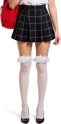 Xindojuz 1 Pair White Knee High Socks, Women's Girls Bow Lace Ruffled Thigh High Stockings, Lovely Cute Cotton Girls Princess Frilly Socks over the Knee Tube Dress Long Stockings in Saudi Arabia